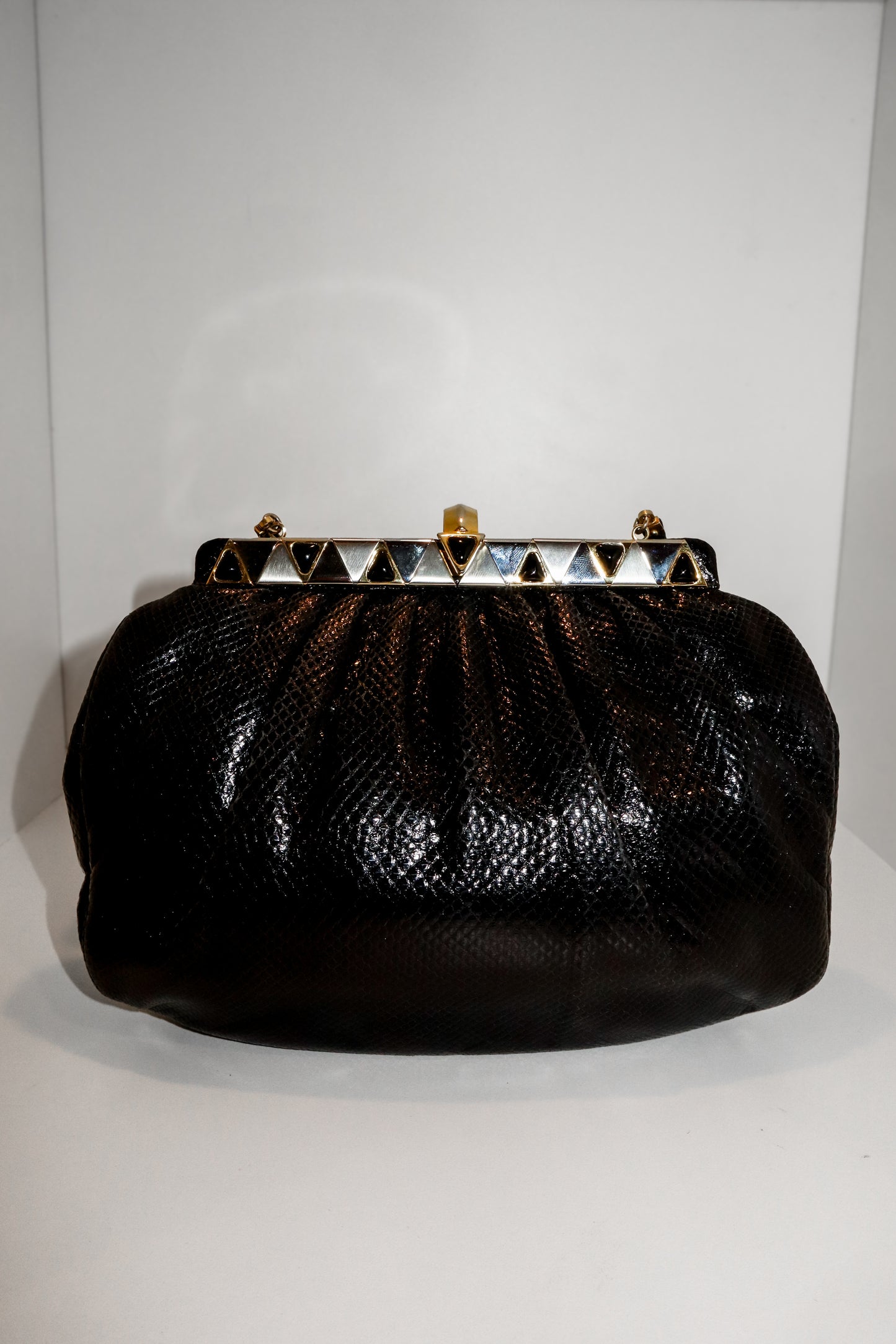 1980's Judith Leiber Black Lizard Clutch/Crossbody Bag