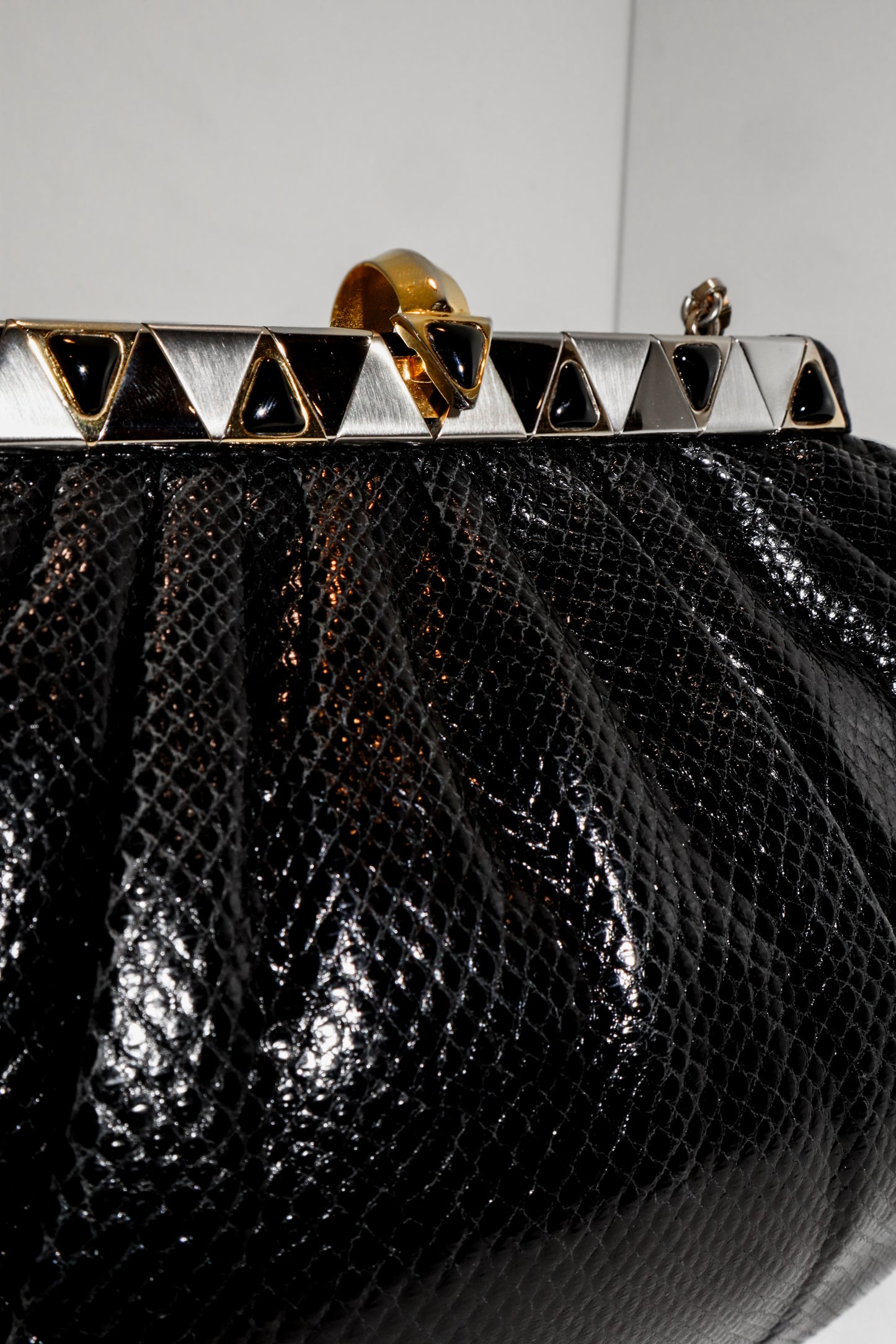 1980's Judith Leiber Black Lizard Clutch/Crossbody Bag