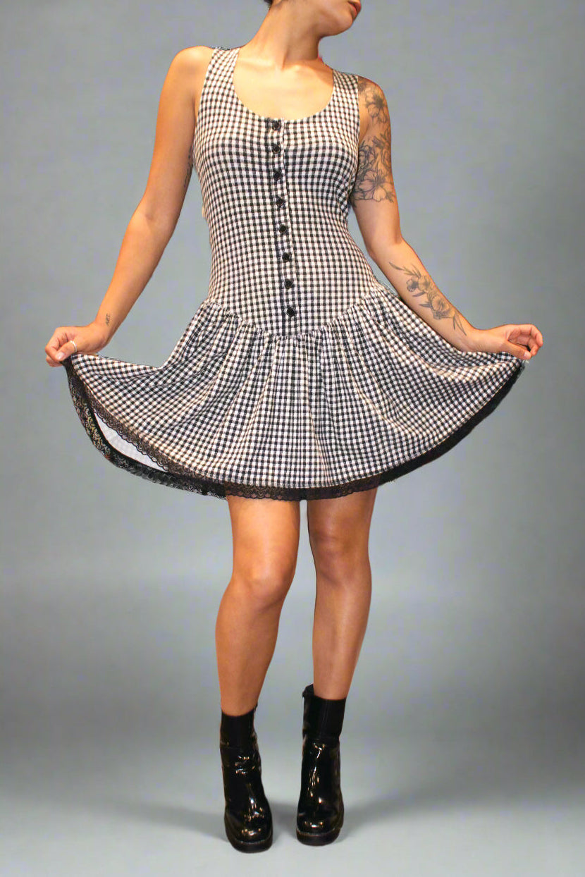 1990s Betsey Johnson Black Gingham Mini Dress