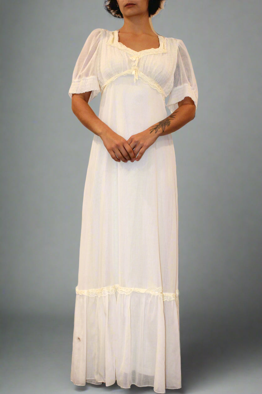 1970s White Swiss Dot Semi Sheer Maxi Dress
