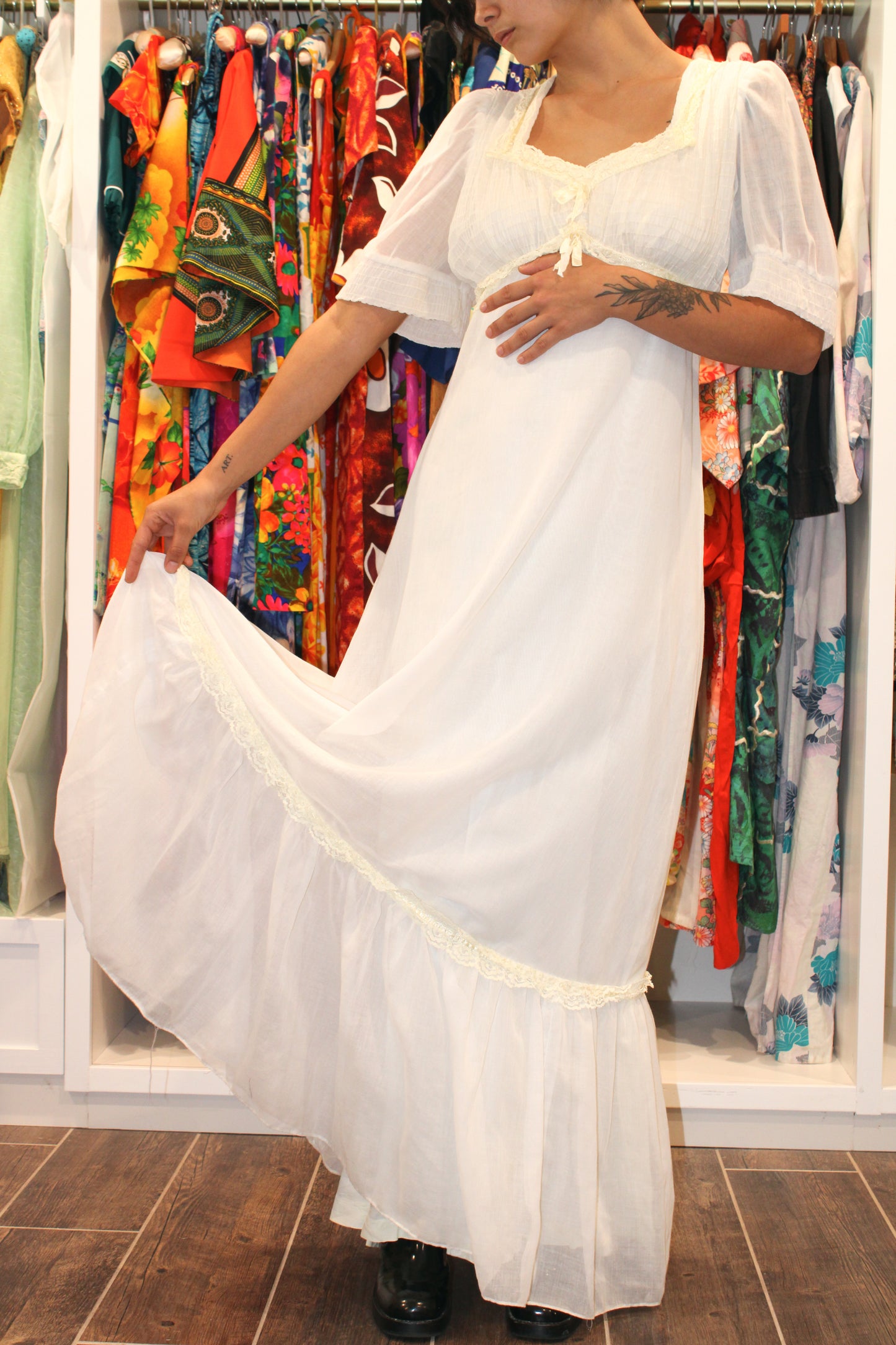 1970s White Swiss Dot Semi Sheer Maxi Dress