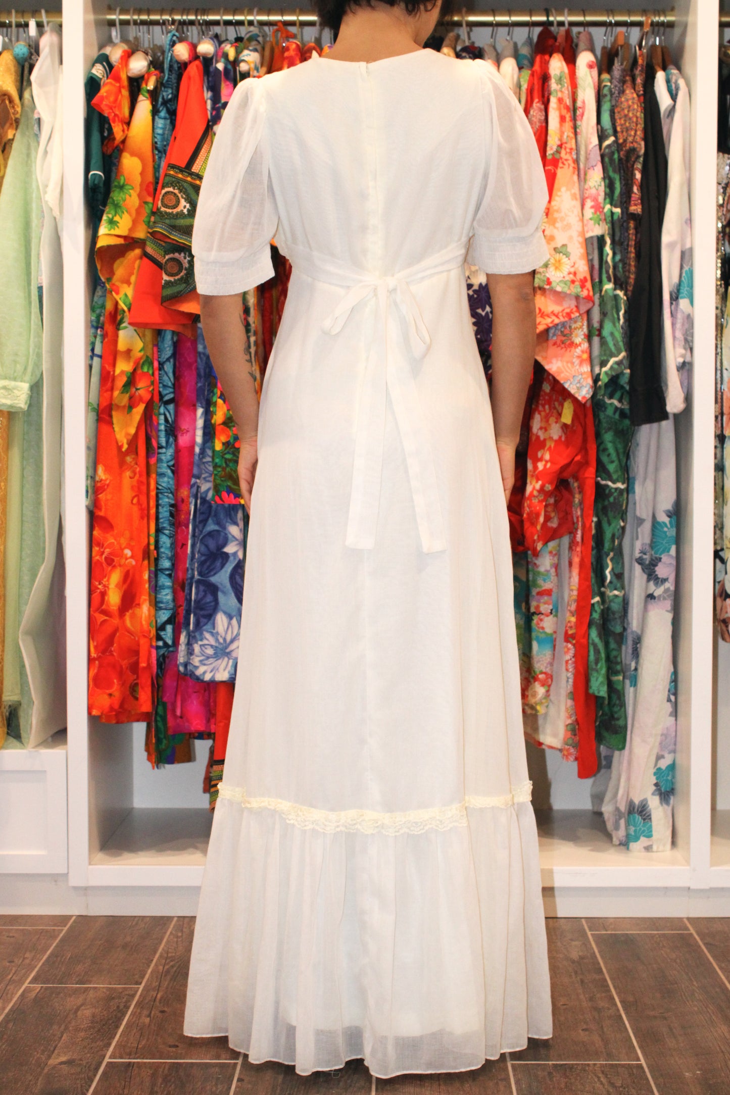 1970s White Swiss Dot Semi Sheer Maxi Dress