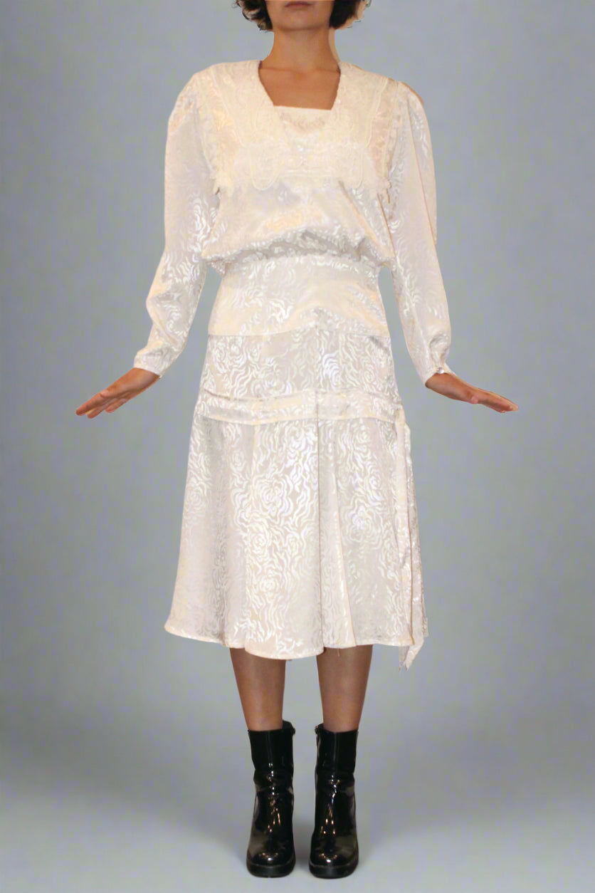 1980s Silk Waxy Damask Original Costume Dress