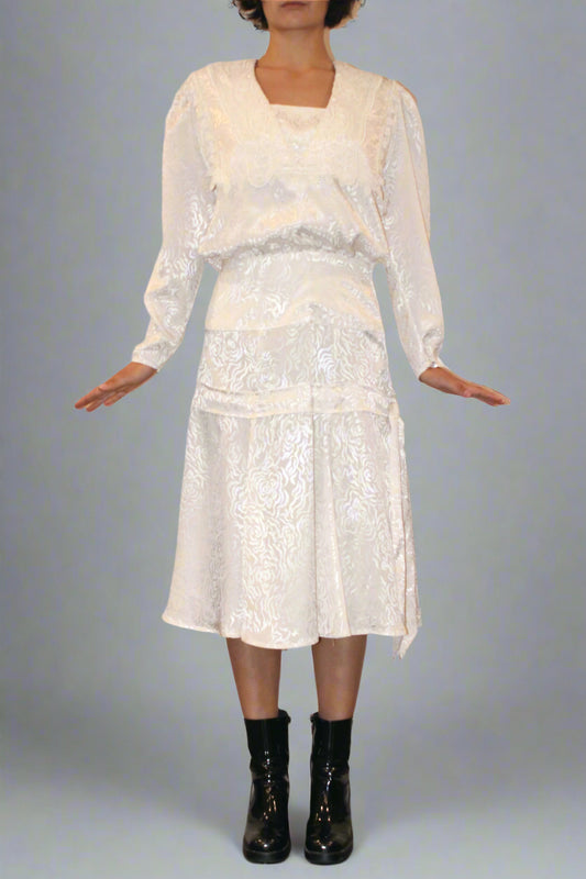 1980s Silk Waxy Damask Original Costume Dress