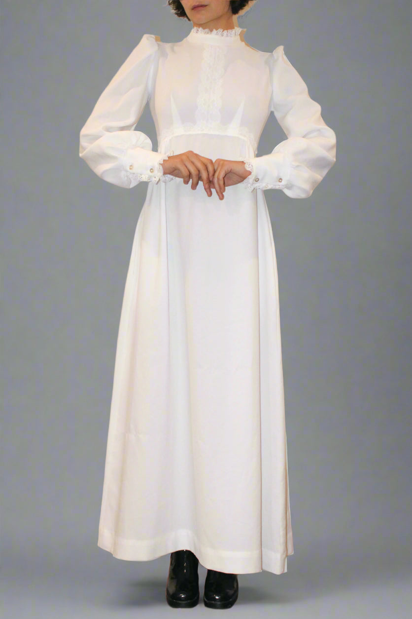 1970s White Lace Trim Boho Maxi Dress