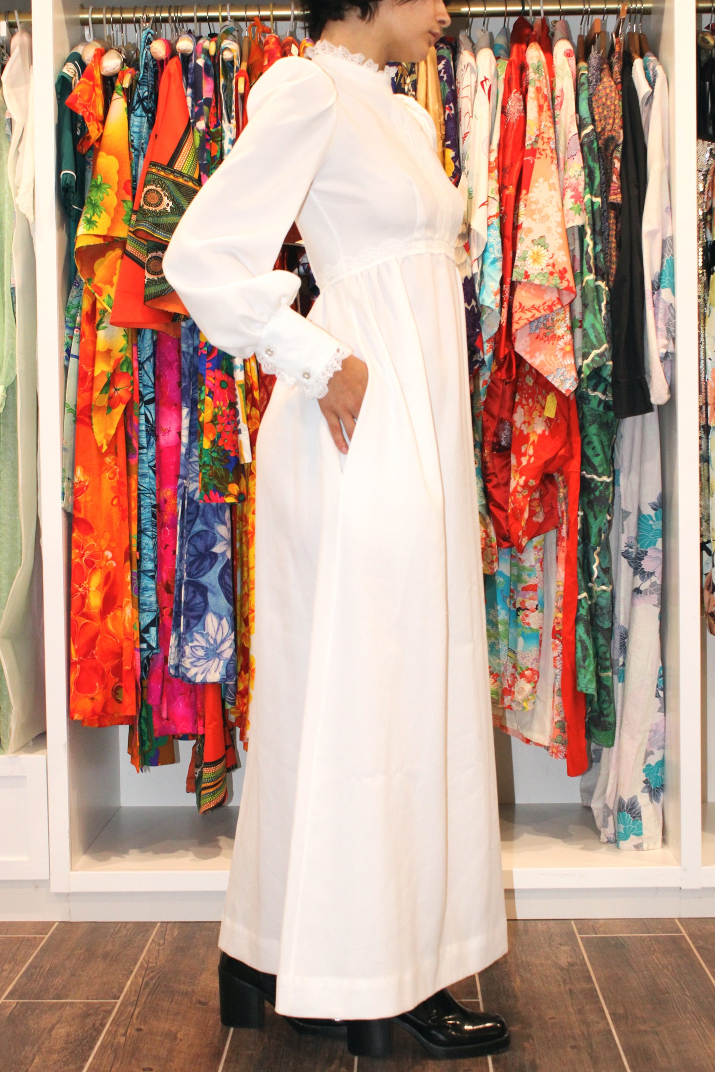 1970s White Lace Trim Boho Maxi Dress