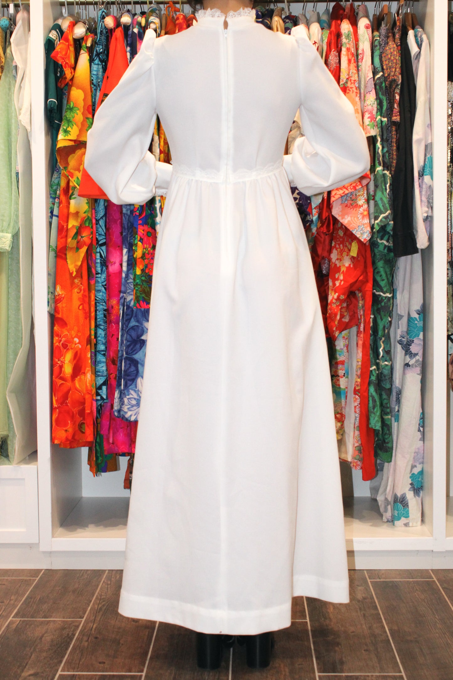 1970s White Lace Trim Boho Maxi Dress