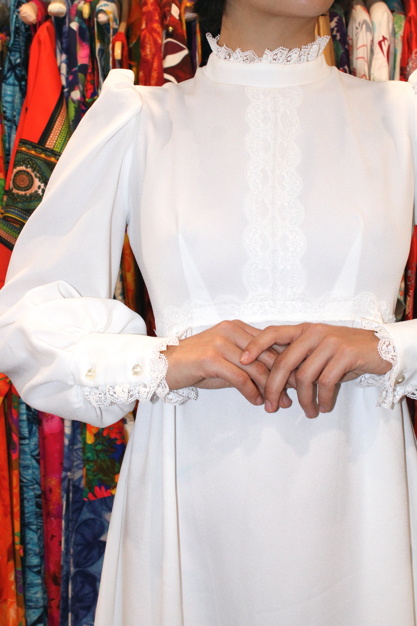 1970s White Lace Trim Boho Maxi Dress