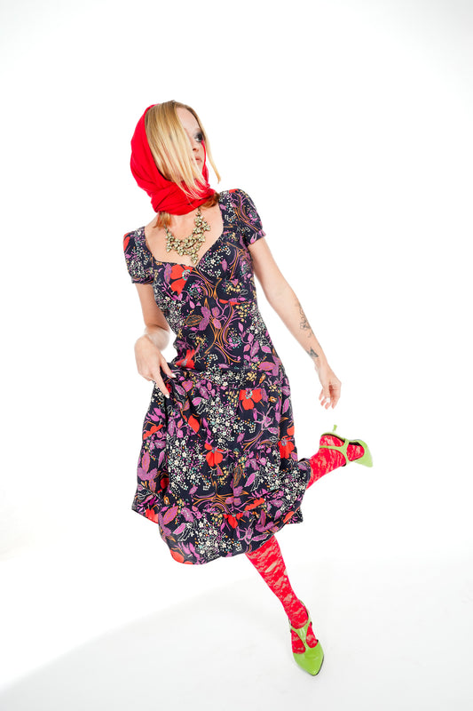 1990's Betsey Johnson Floral Ruffle Midi Dress