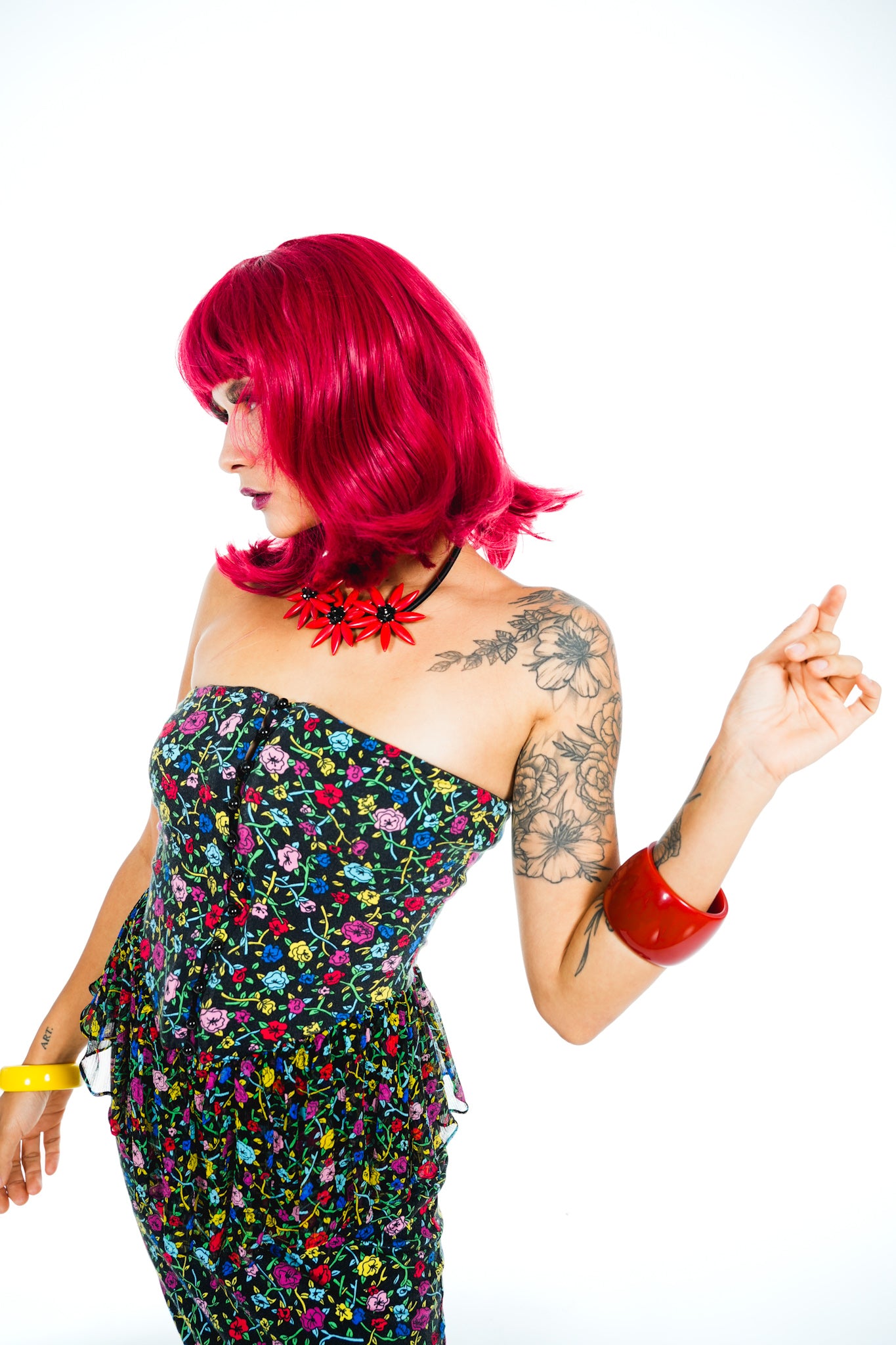 1990's Betsey Johnson Black Strapless Floral Print Dress