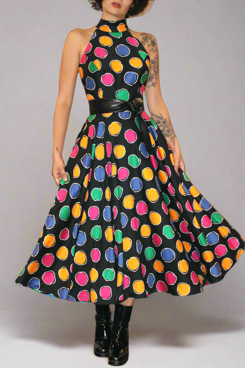 1980s A.J. Bari Polka Dot Halter Tina Dress
