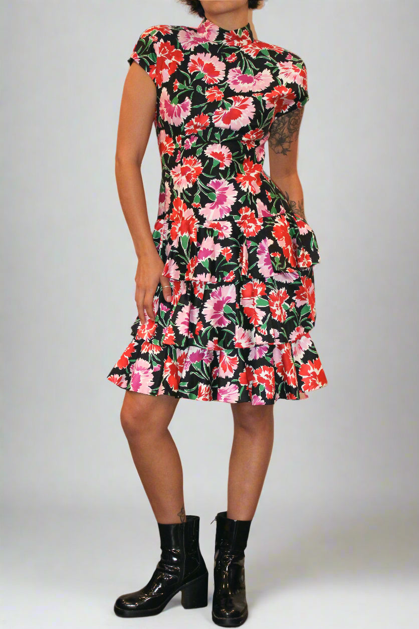 1980s A.J. Bari Carnation Ruffled Mini Dress