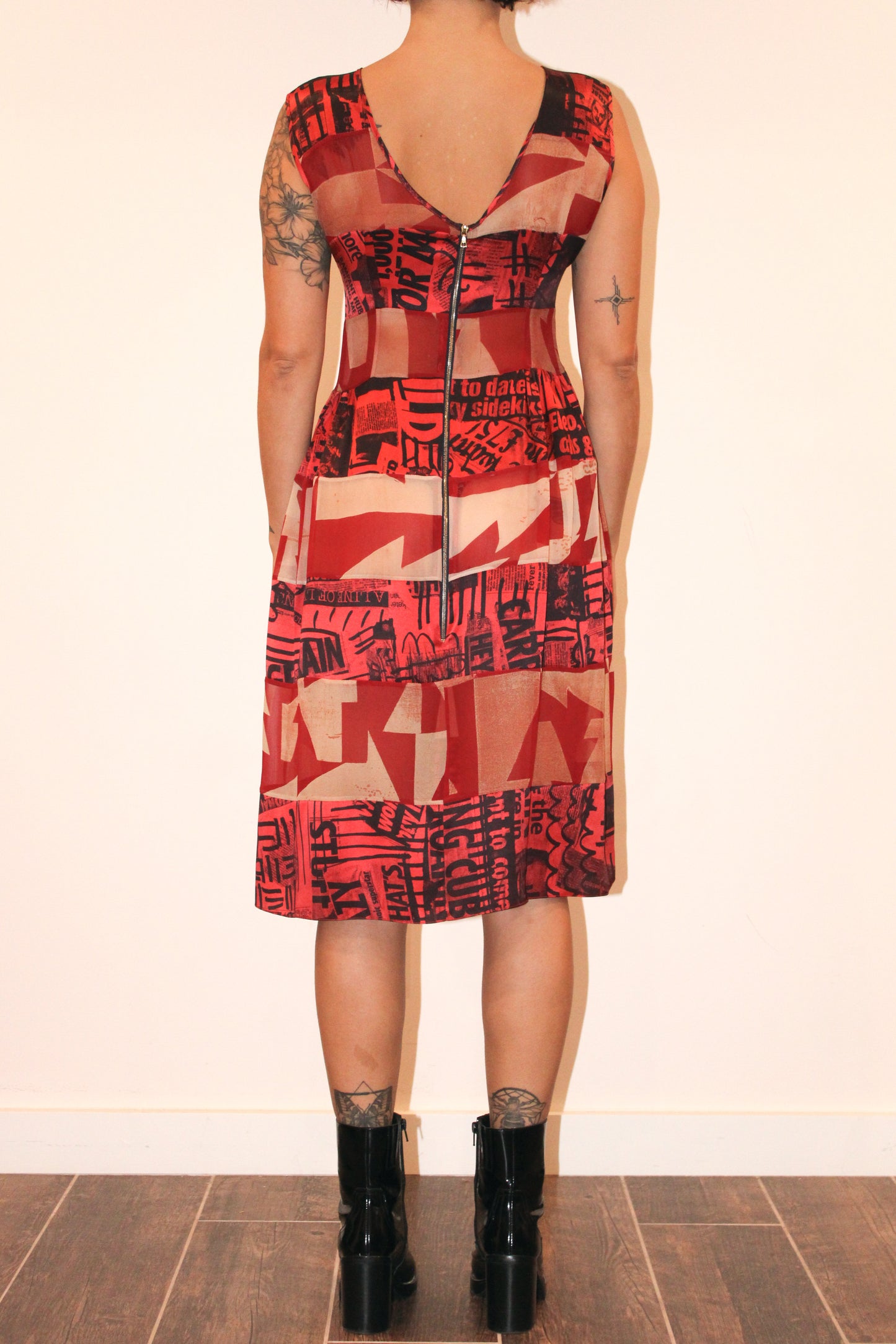 1990s Louise Gray Newspaper Print Silk Patchwork Dress