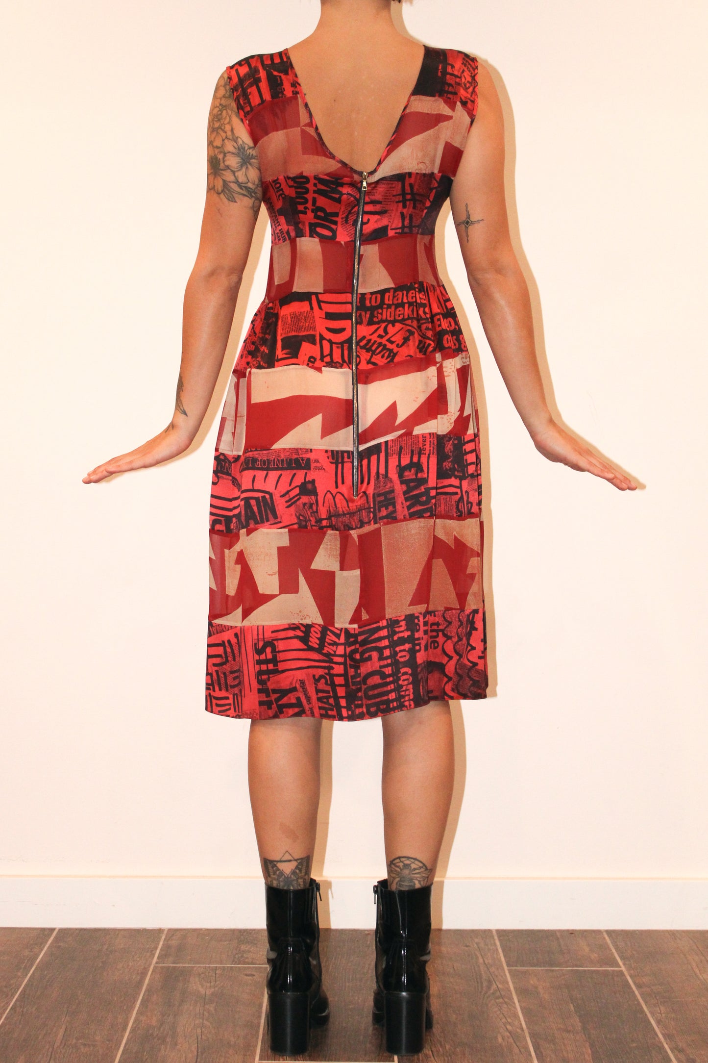 1990s Louise Gray Newspaper Print Silk Patchwork Dress