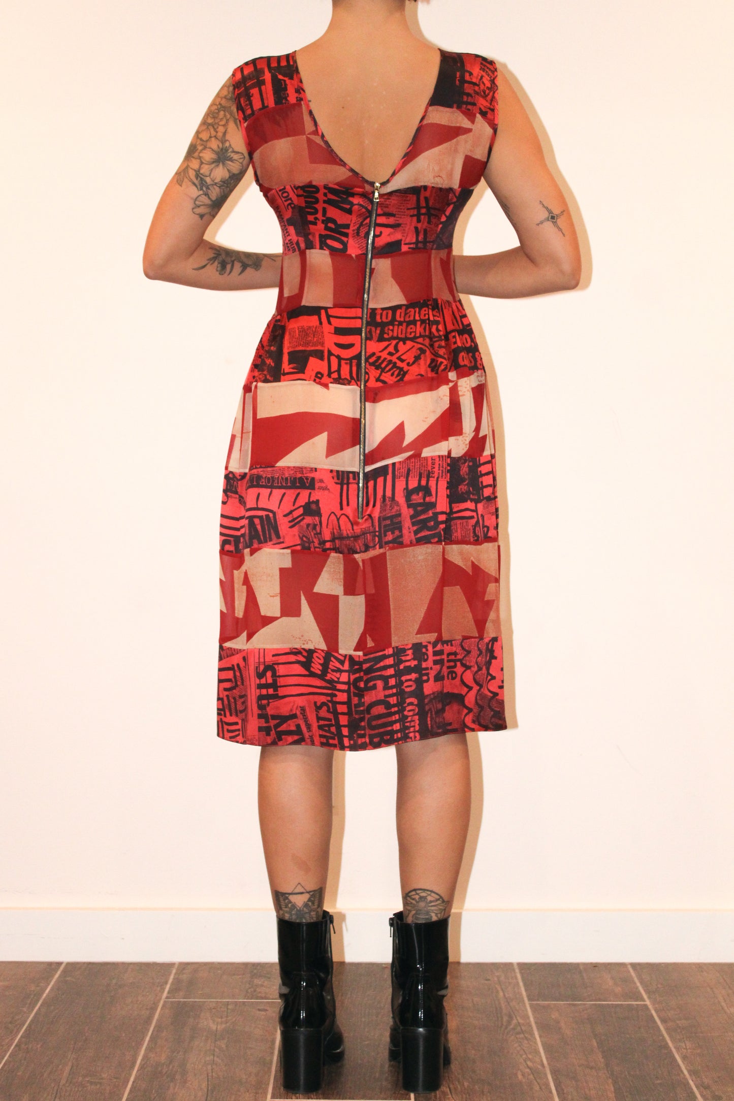 1990s Louise Gray Newspaper Print Silk Patchwork Dress