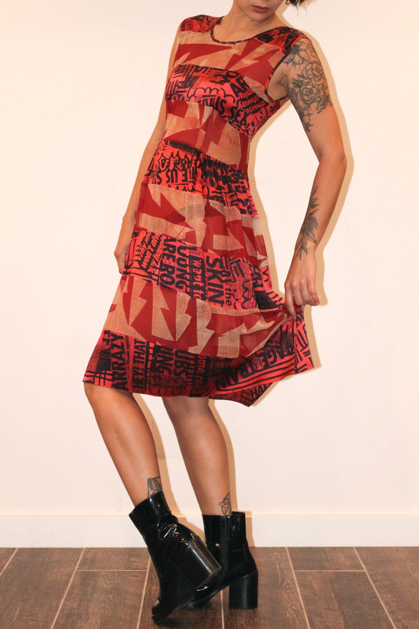 1990s Louise Gray Newspaper Print Silk Patchwork Dress