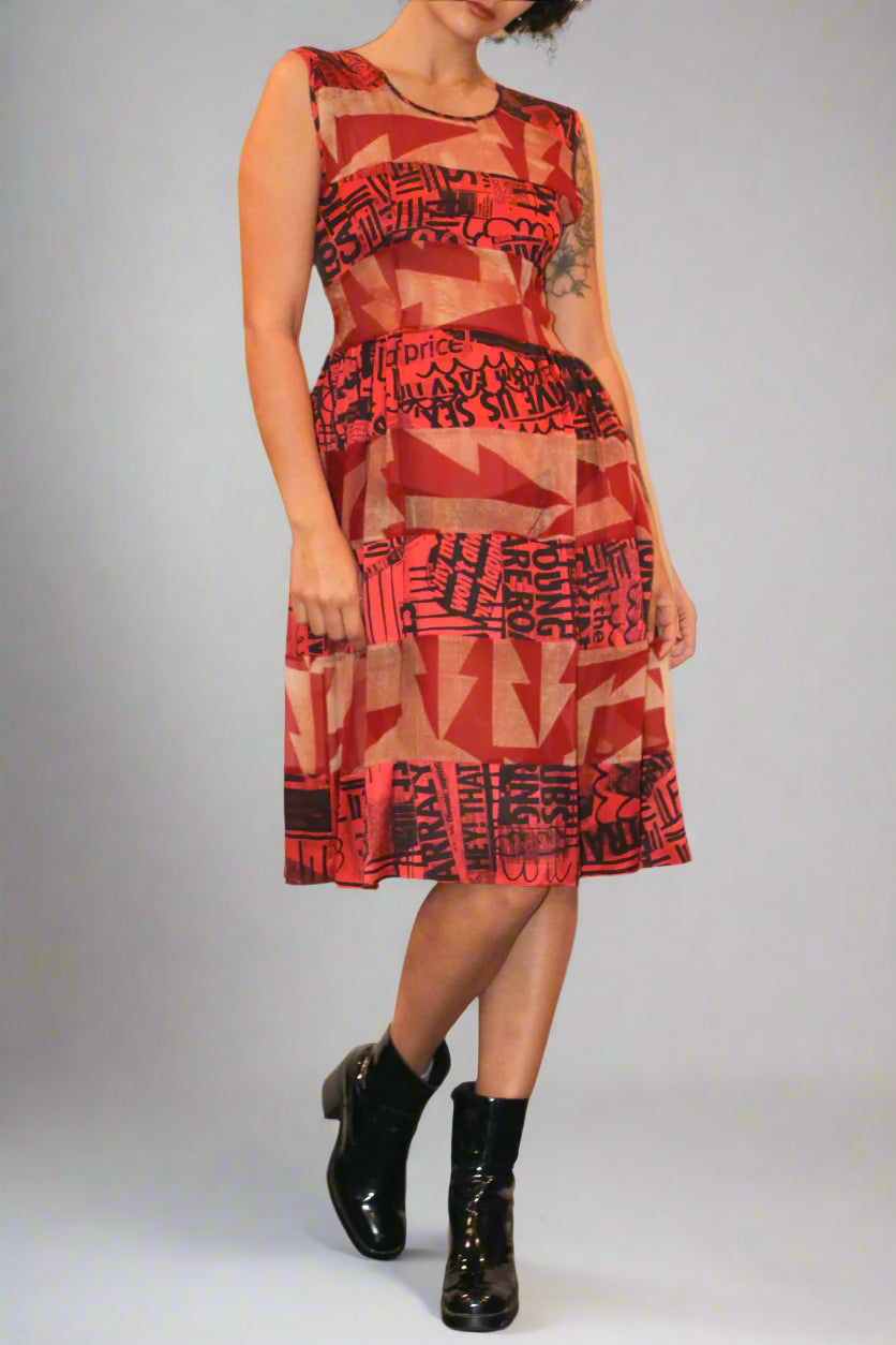 1990s Louise Gray Newspaper Print Silk Patchwork Dress