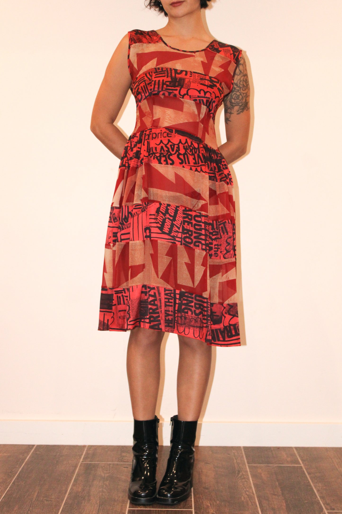 1990s Louise Gray Newspaper Print Silk Patchwork Dress