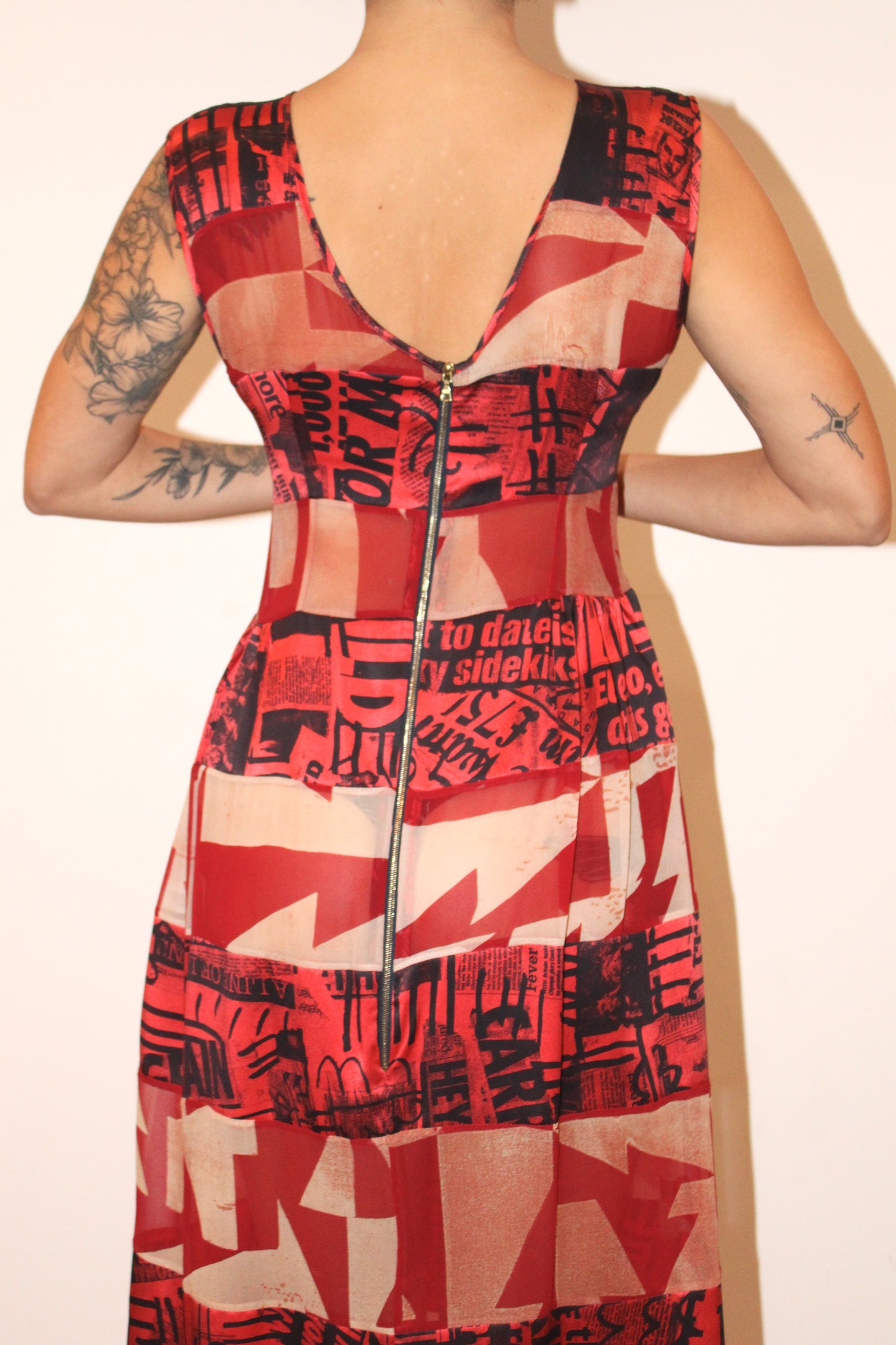 1990s Louise Gray Newspaper Print Silk Patchwork Dress