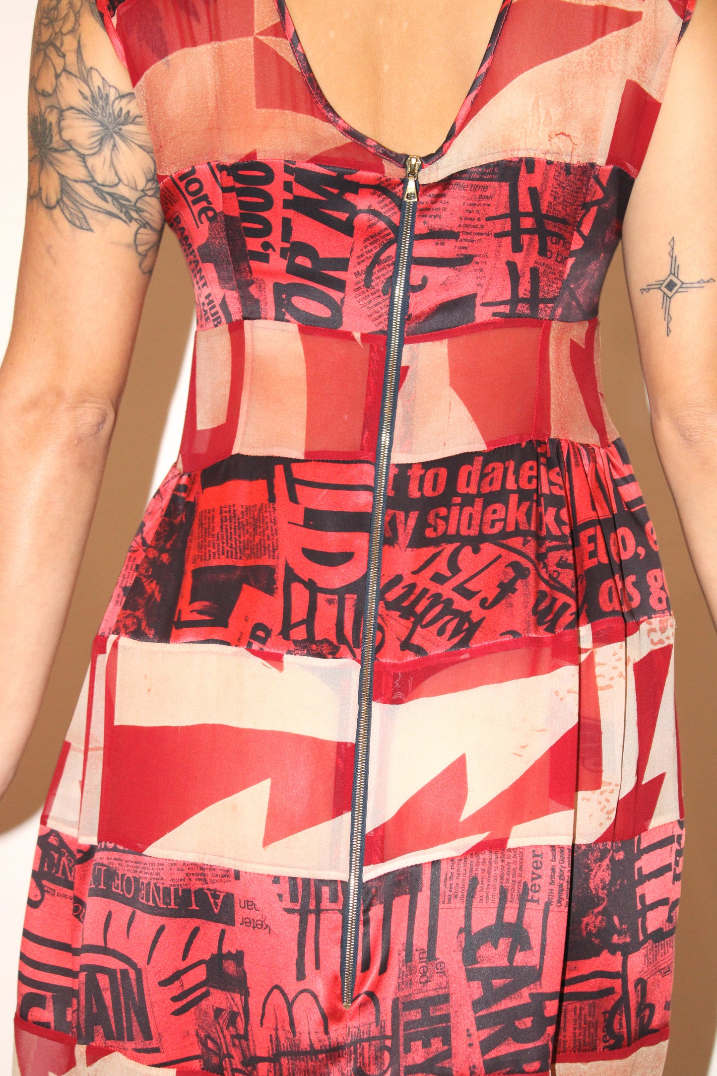 1990s Louise Gray Newspaper Print Silk Patchwork Dress
