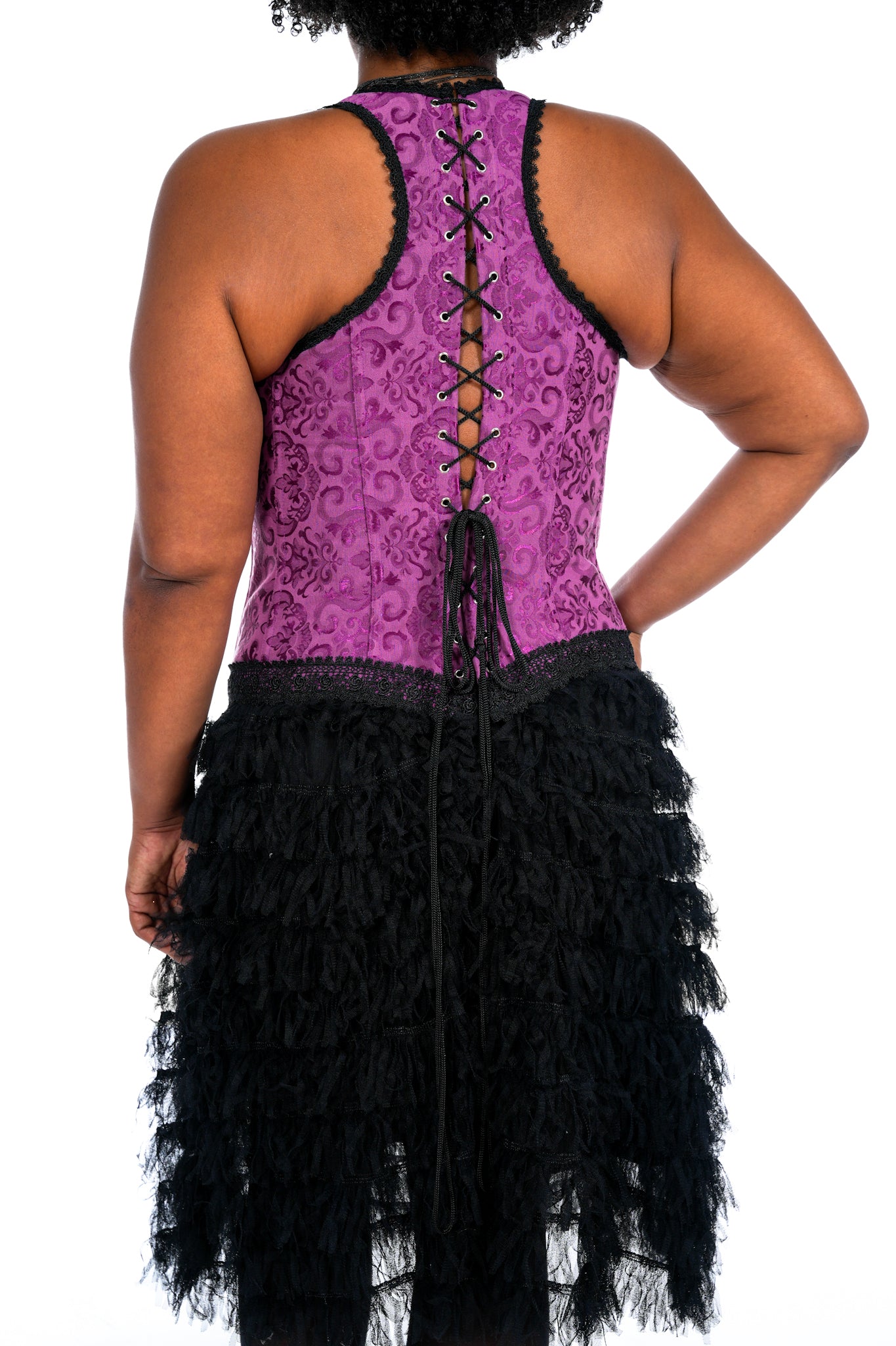 1990's Purple Paisley & Black Lace Corset