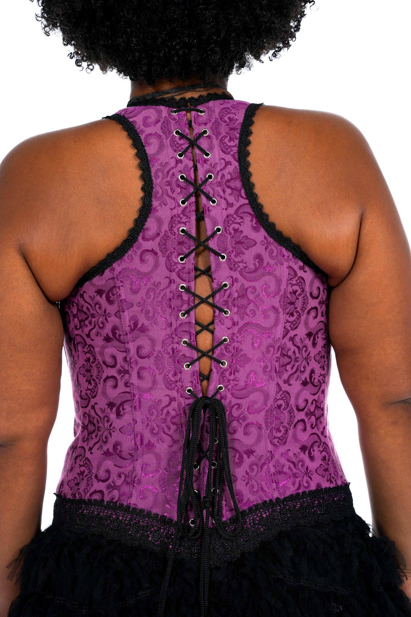 1990's Purple Paisley & Black Lace Corset