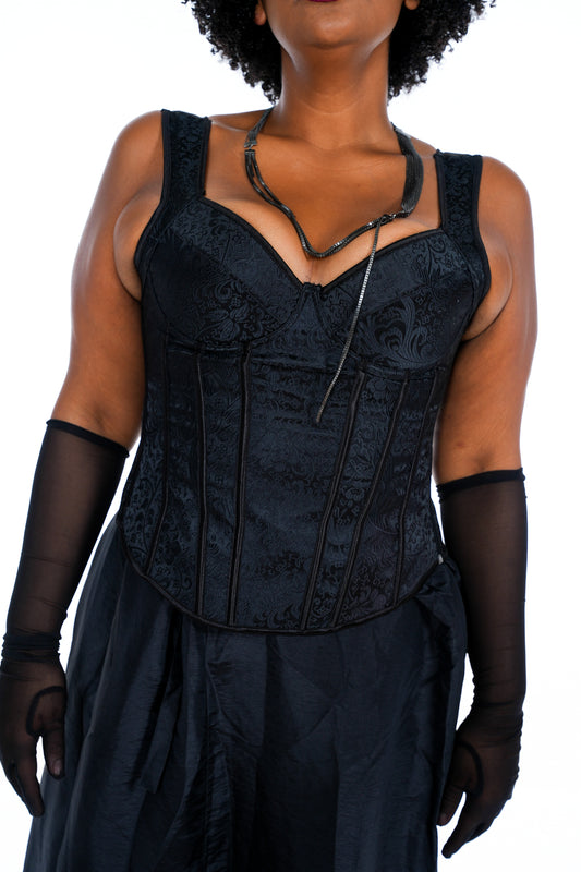 1990's Gothic Black Satin Paisley Corset