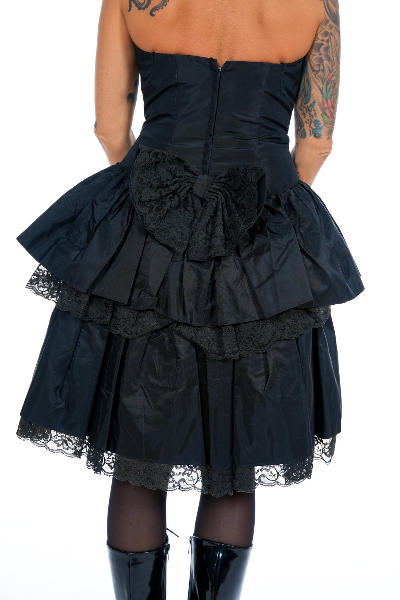 1980's Strapless Black Lacey Prom Dress