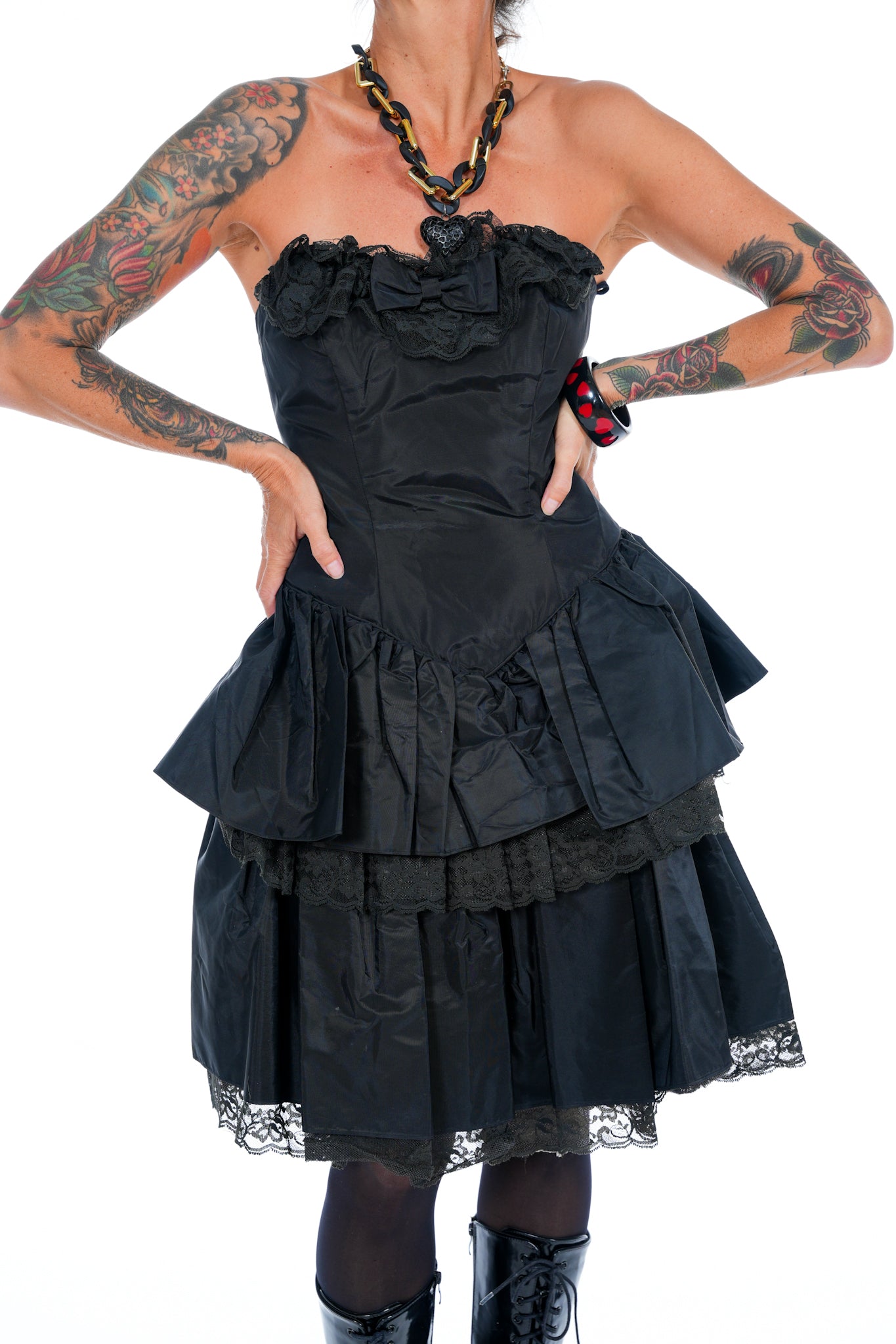 1980's Strapless Black Lacey Prom Dress