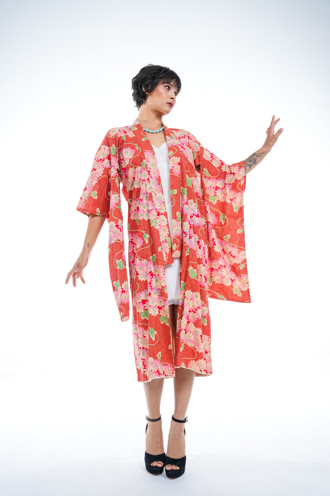 Vintage Red Floral Cotton Kimono