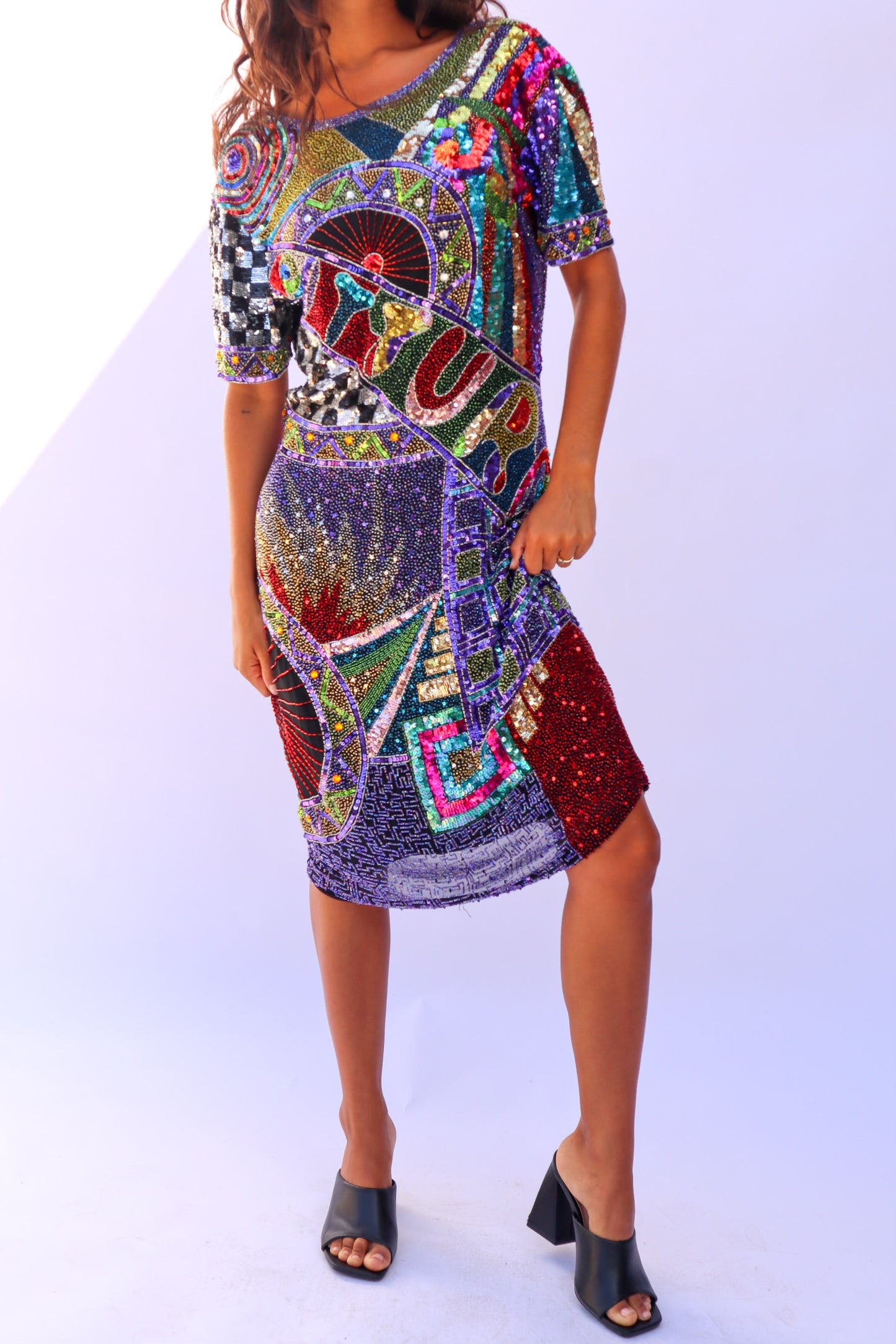 1980's Sequin & Hand Beaded Multi-Color Dress
