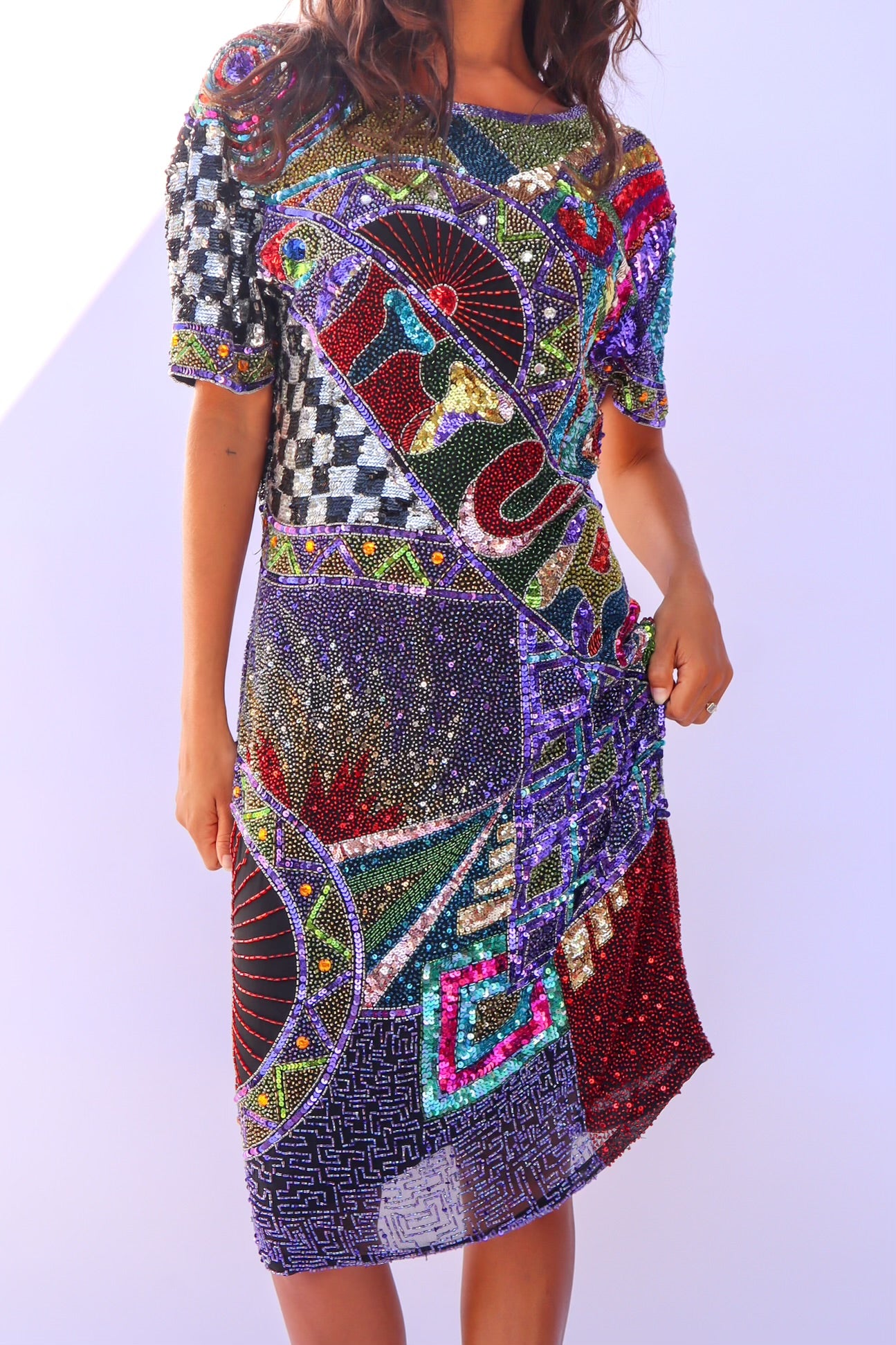 1980's Sequin & Hand Beaded Multi-Color Dress