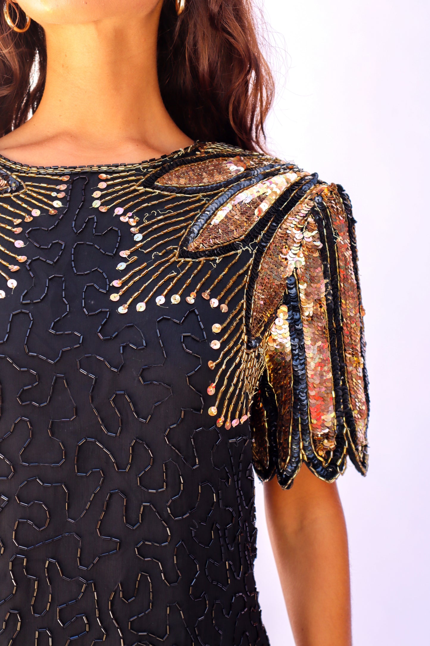 1980s Silk Sequin Black and Bronze Dress