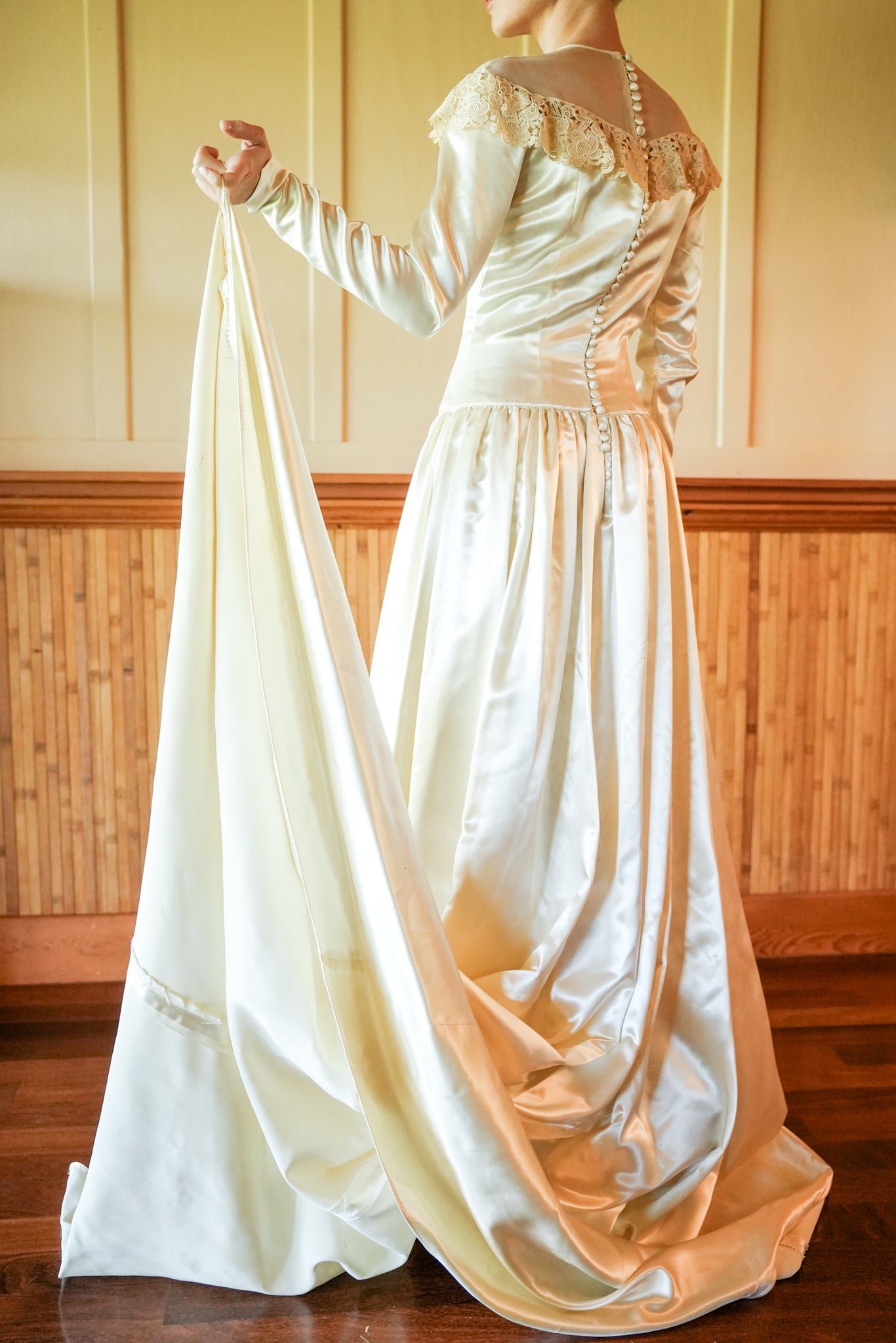 Handmade High Neck Satin Wedding Gown