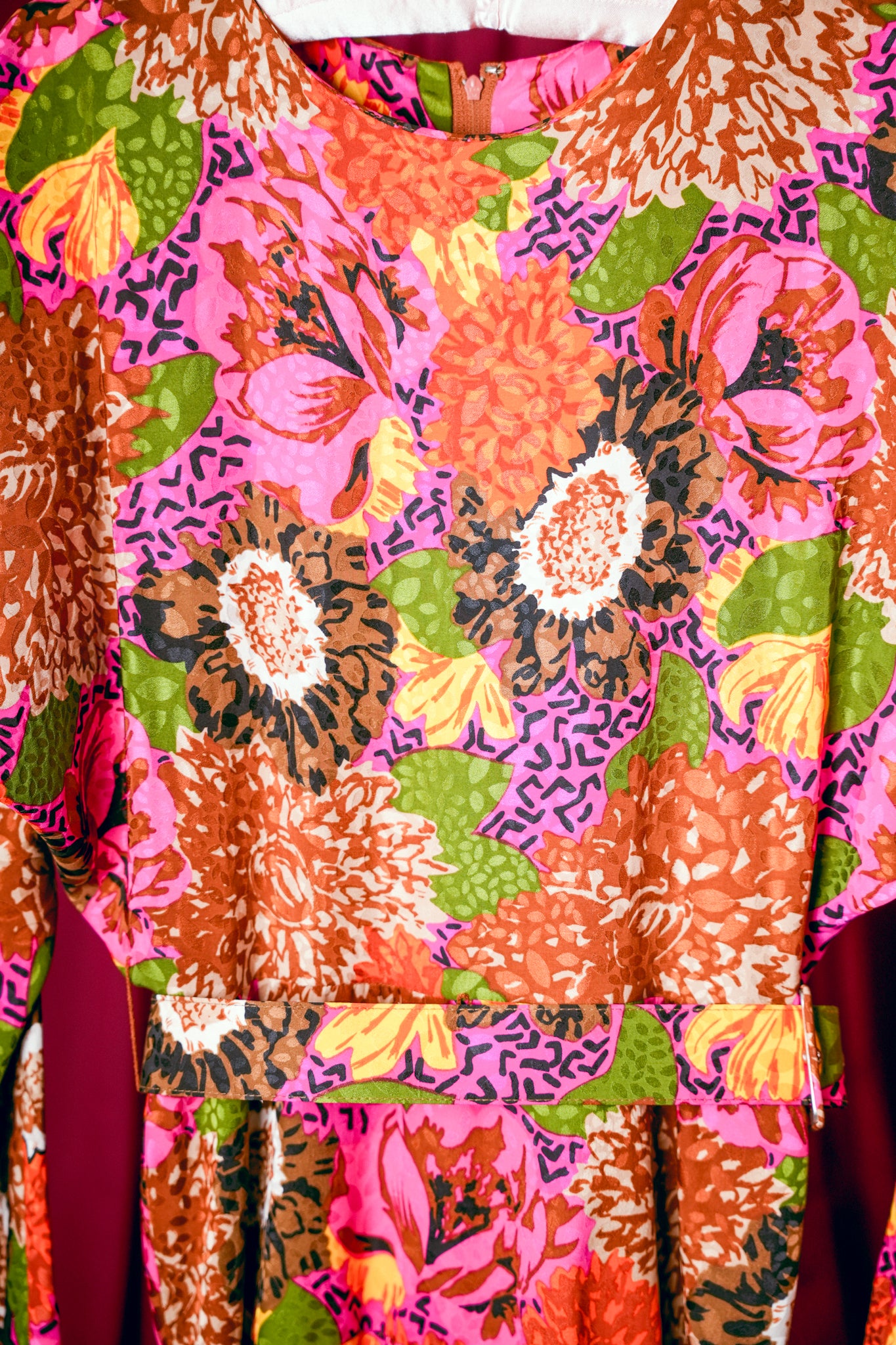 1980s Silk Floral Batwing Ruffle Dress
