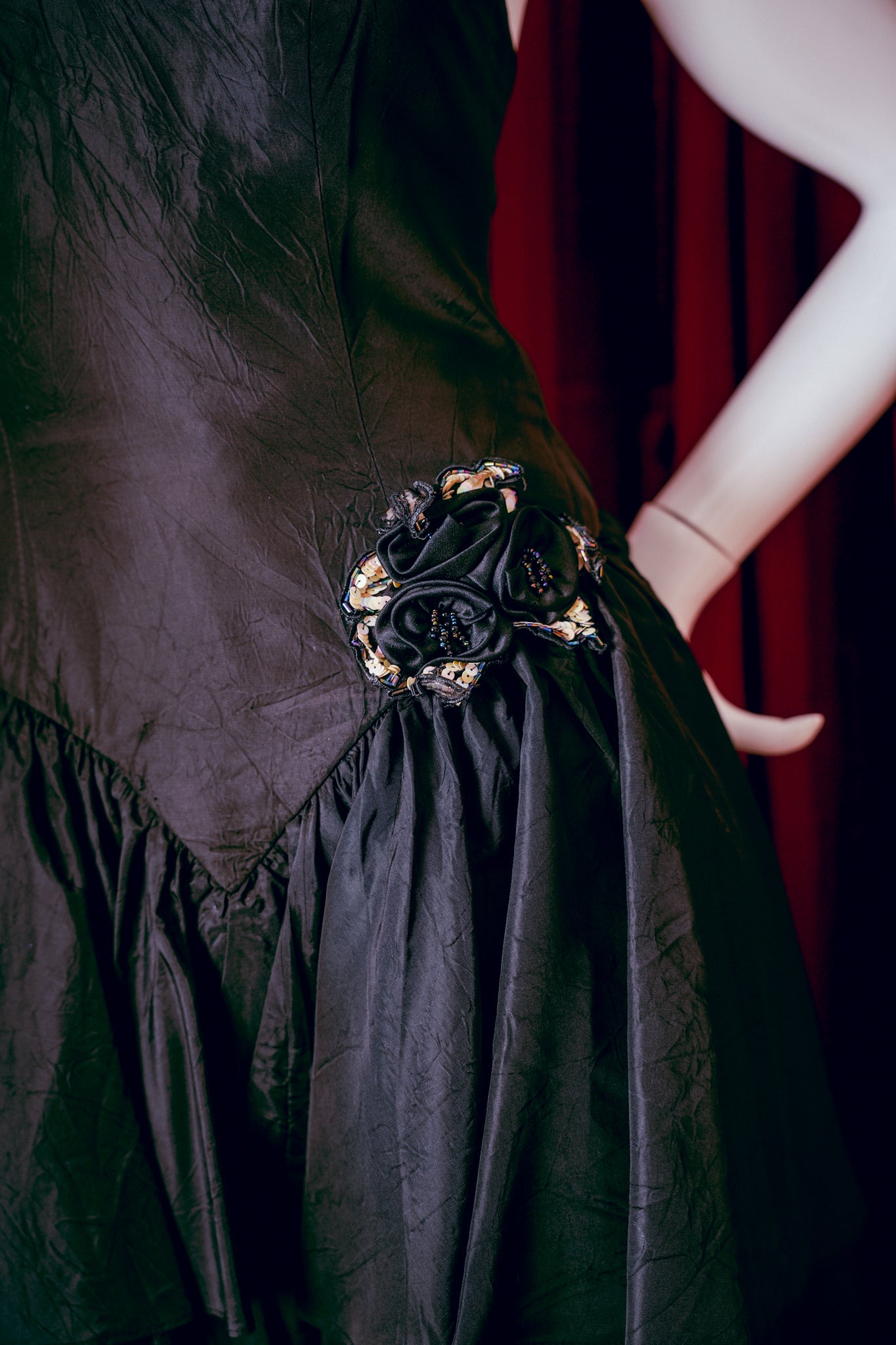 1980s Black Beaded Flower Party Dress