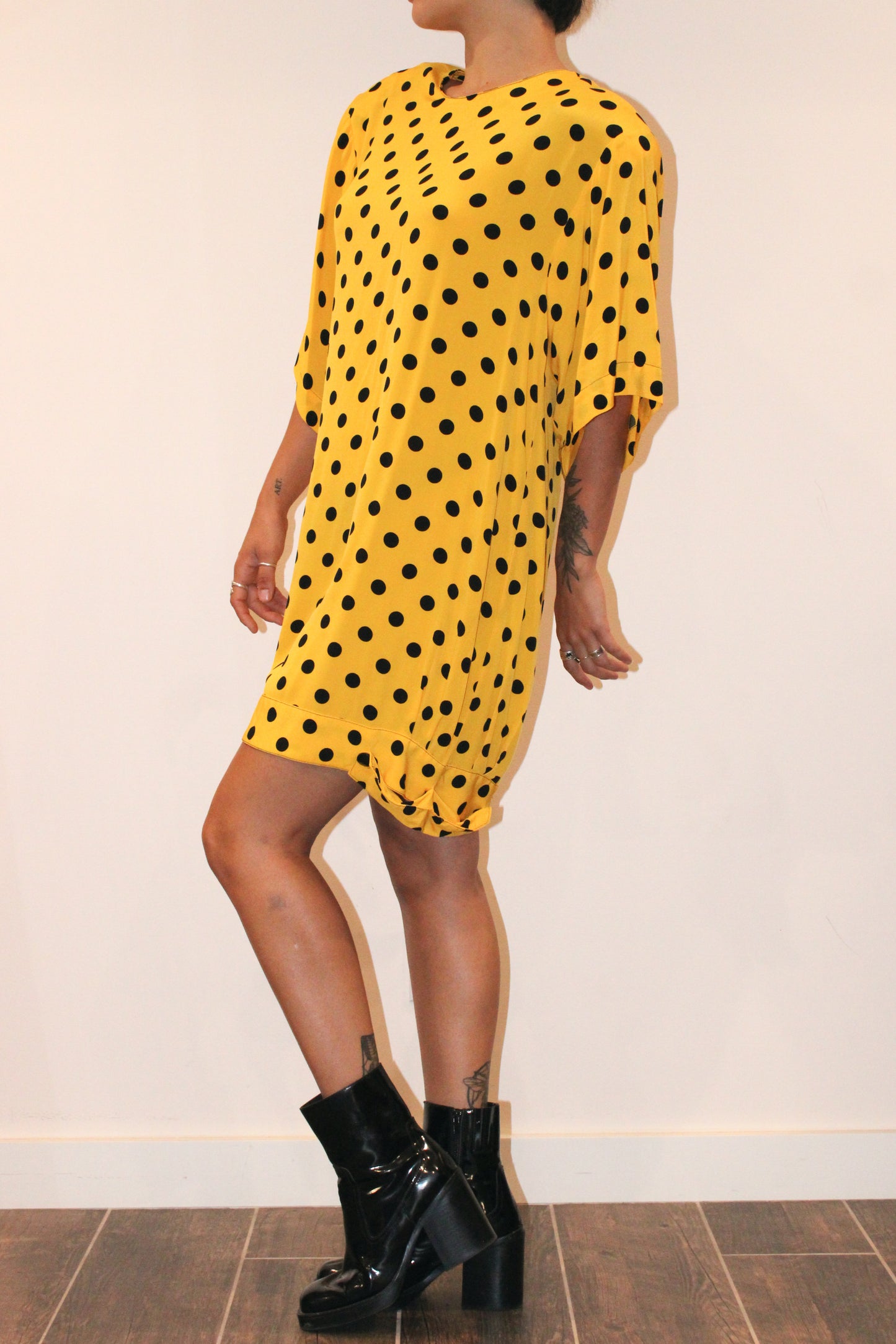 1980s Yellow Polkadot Rayon Mini Dress
