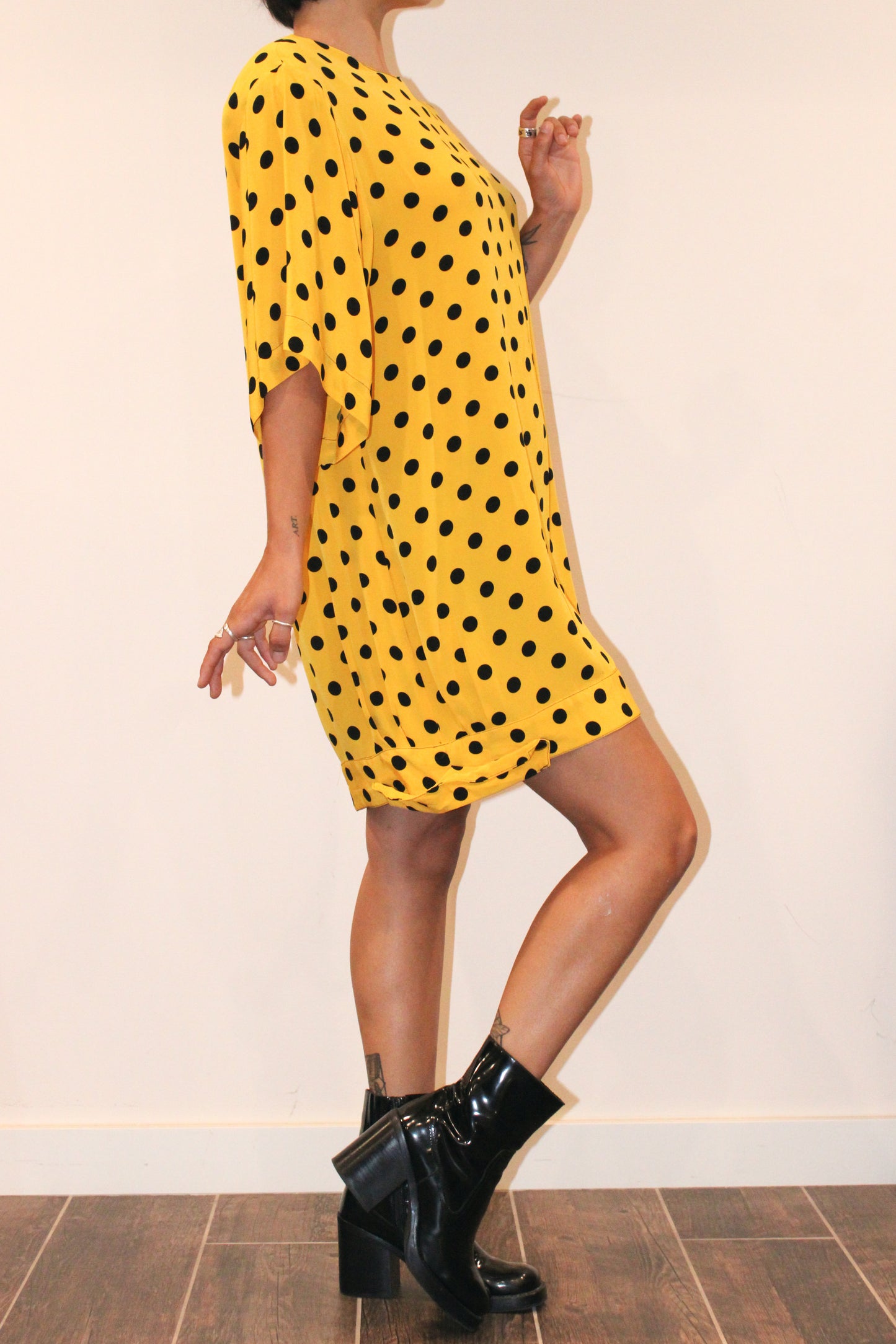 1980s Yellow Polkadot Rayon Mini Dress