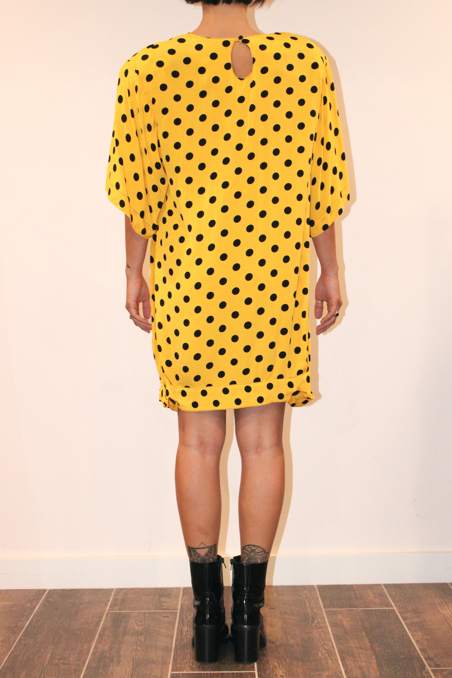 1980s Yellow Polkadot Rayon Mini Dress