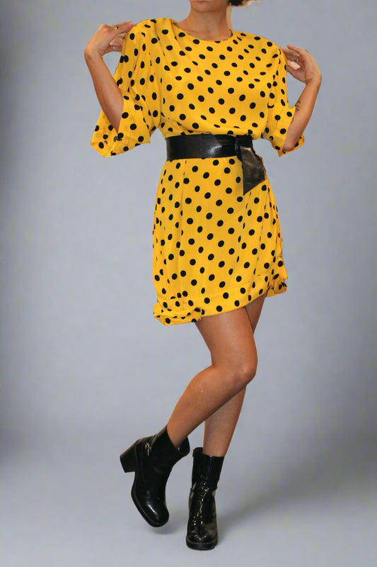 1980s Yellow Polkadot Rayon Mini Dress