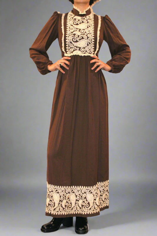 1970s Brown Lace Paneled Boho Maxi Dress