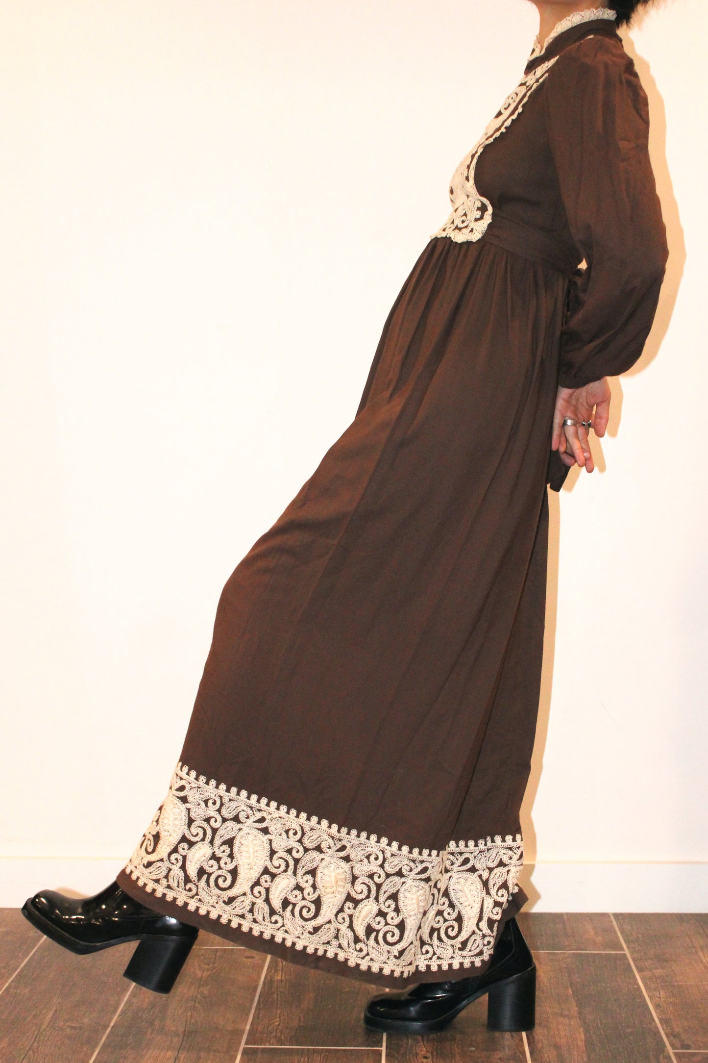 1970s Brown Lace Paneled Boho Maxi Dress