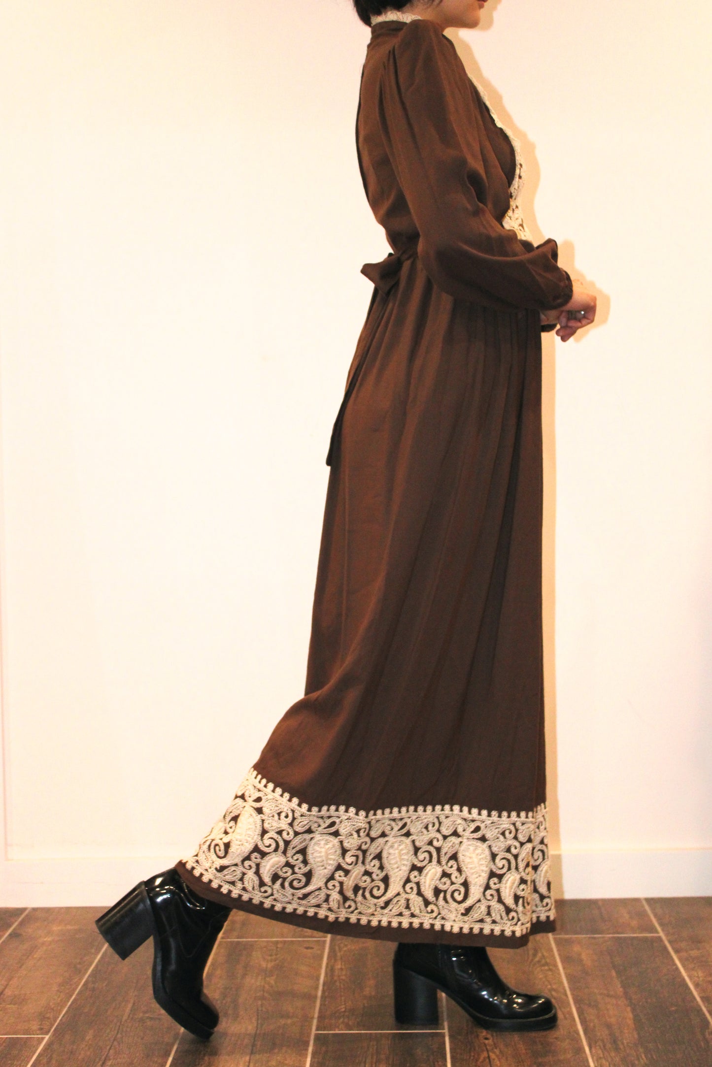 1970s Brown Lace Paneled Boho Maxi Dress