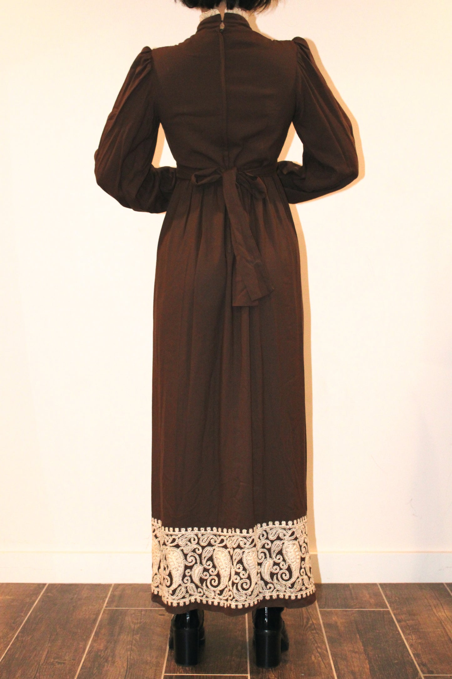 1970s Brown Lace Paneled Boho Maxi Dress