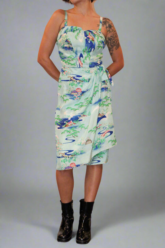 1940s Rayon Pagoda Print Wrap Midi Sleeveless Dress