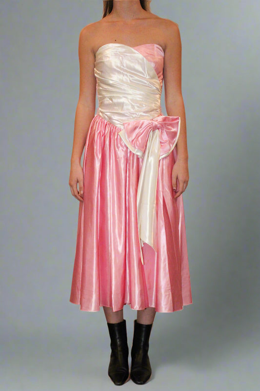 1980s Handmade Satin Pink & White Party Dress