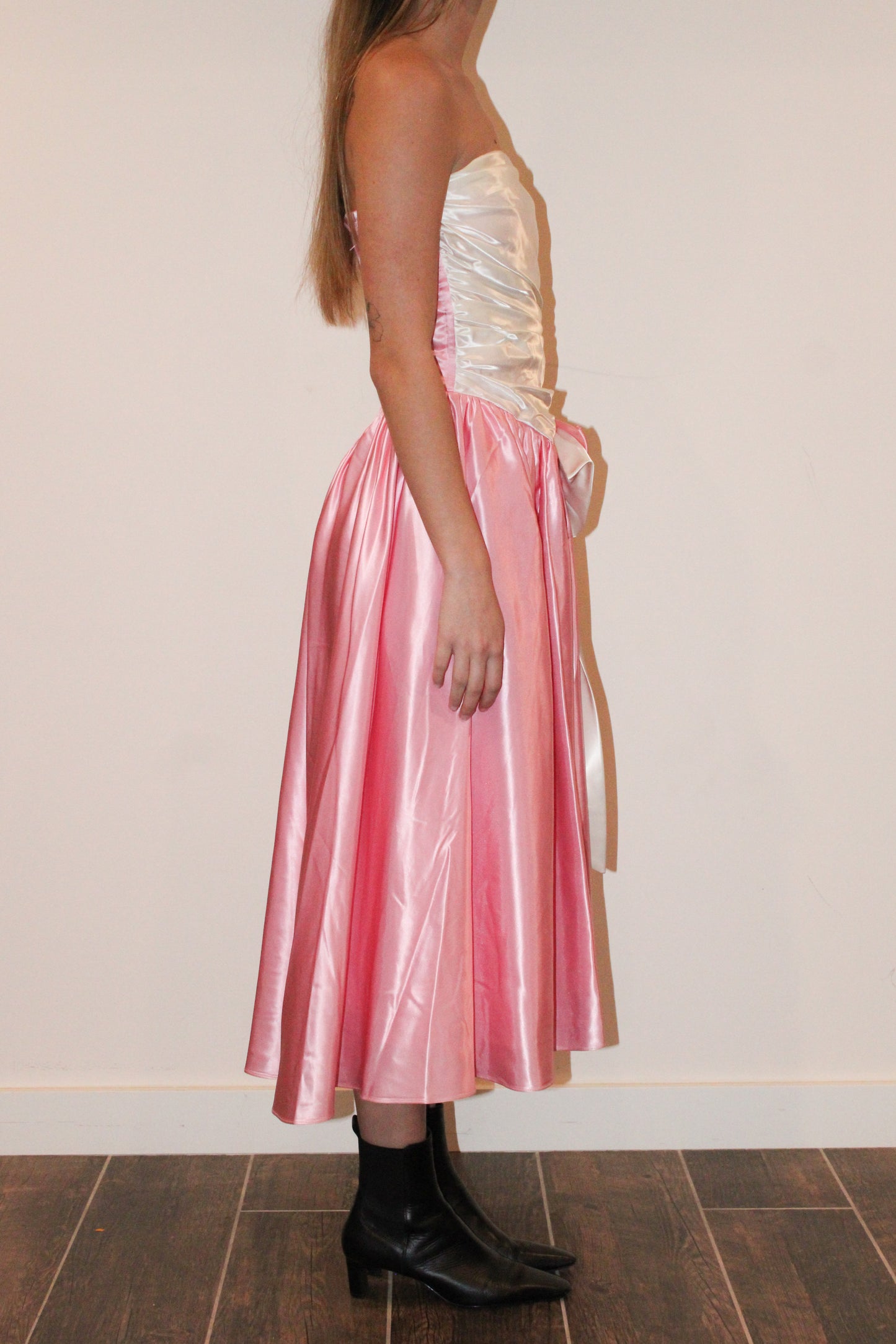 1980s Handmade Satin Pink & White Party Dress