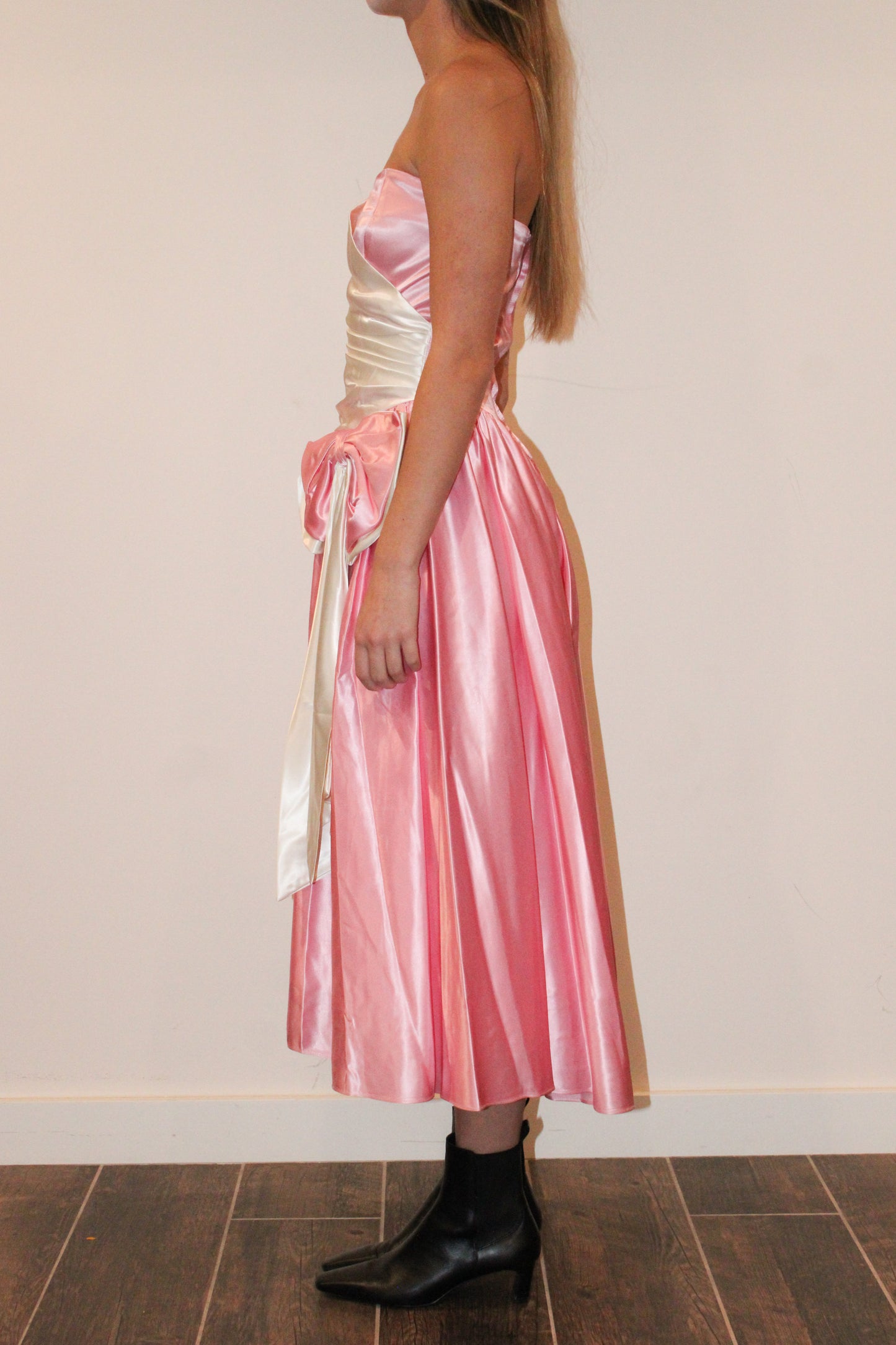 1980s Handmade Satin Pink & White Party Dress