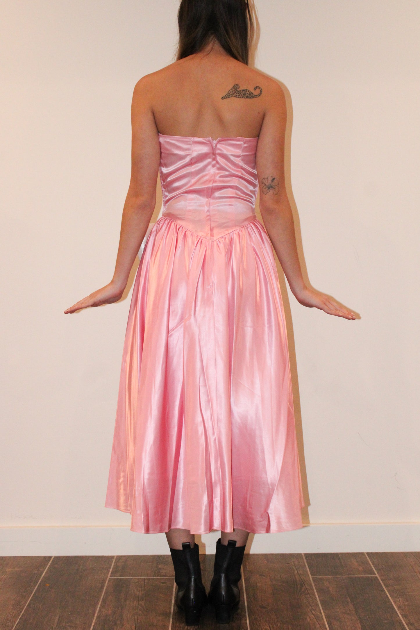 1980s Handmade Satin Pink & White Party Dress