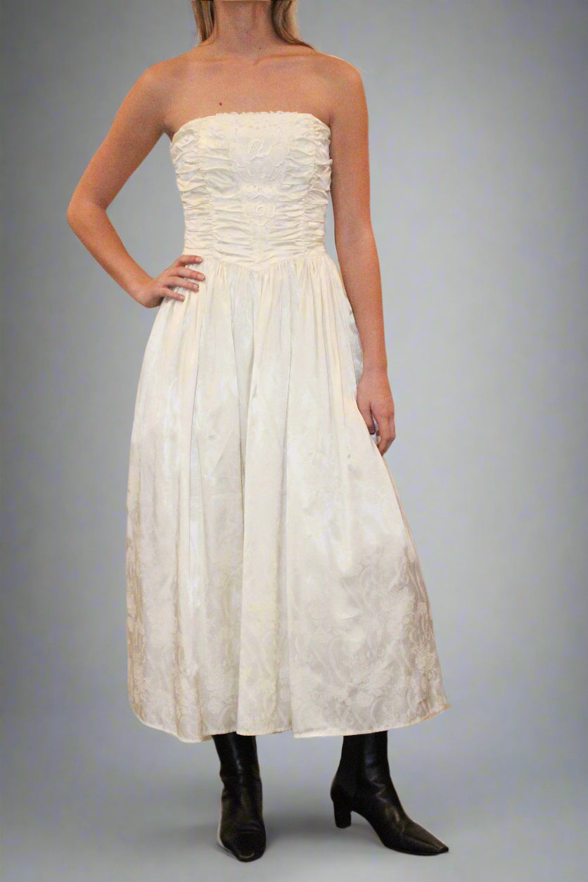 1970s Gunne Sax White Rouched Party Dress